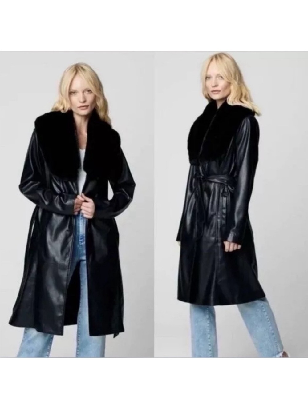 Blank NYC In The Moment Black Vegan Leather Fur Trim Trench Coat Size Large